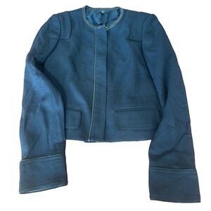 vintage Hugo‎ Boss virgin wool navy leather trim crop blazer womens' US size 4